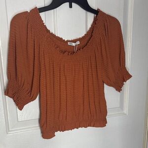 Zara Terracotta Smocked Blouse